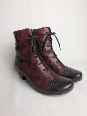 REMONTE Leather Women Heel Ankle Boots Patchwork Zipper And Laces Size 40